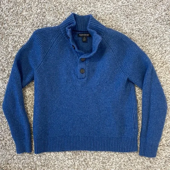 🔥 Italian Yarn Wool Blue Waffle Knit Collared Henley Sweater Banana Republic S - Picture 8 of 8